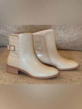 Cream Croc-Accent Ankle Boots with Buckle